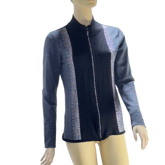 FONTANA Women’s Sweater Gray Black Jeweled Zipper Stretch LS Mock Turtle Size M - Picture 11 of 11